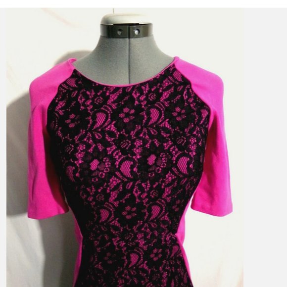 JUICY COUTURE Stretch knit Tulip retro Dress sz 0 Hot Pink Black Lace scoop neck - Picture 3 of 9